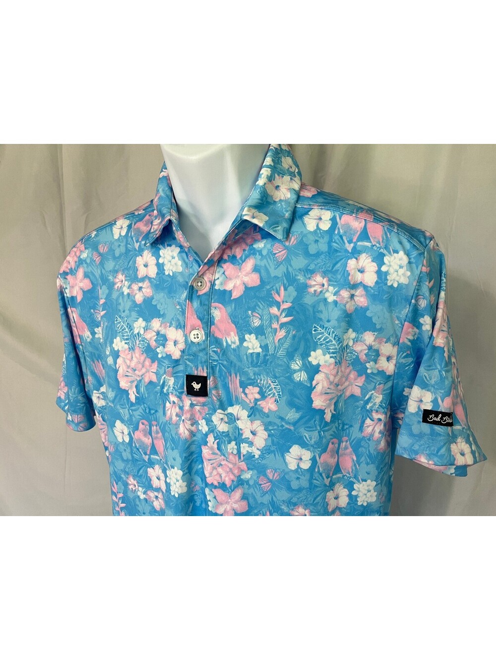 Bad Birdie Men's Blue White Pink Floral s/s Golf Polo Shirt Small S